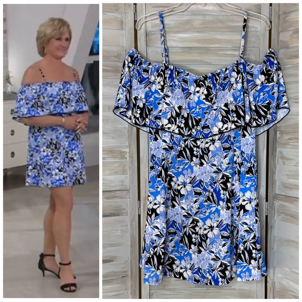 NWOT Fit 4 U floral off the shoulder swim dress size 16 blue black + white print